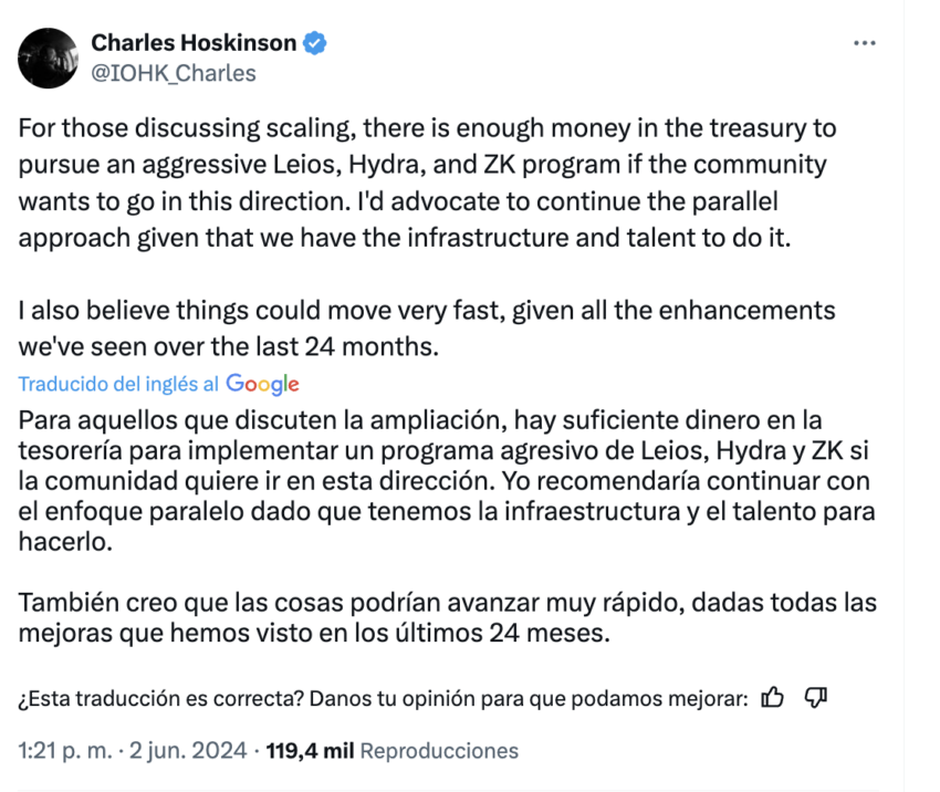 Tuit del fundador de Cardano, Charles Hoskinson. 